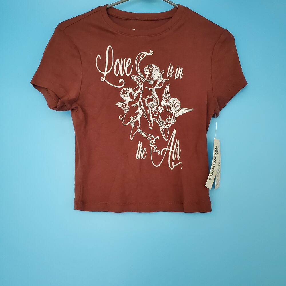 NEW No Boundaries Top Size Small Brown Cropped Short Sleeve Graphic Love